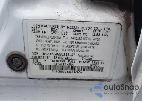 2003 Nissan Sentra Gxe z USA, uszkodzony, nr VIN 3N1CB51D23L812657